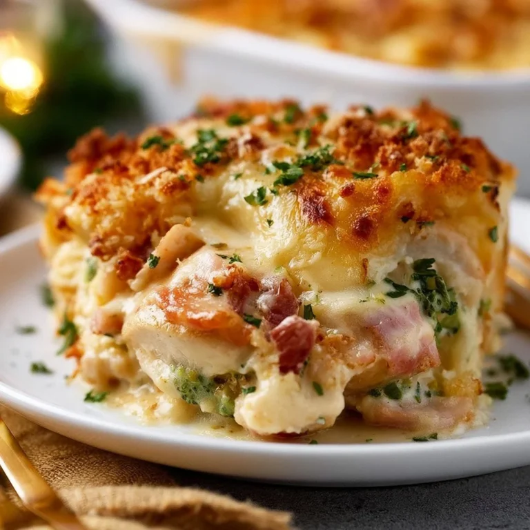 Delicious Chicken Cordon Bleu Casserole topped with melted cheese and ham