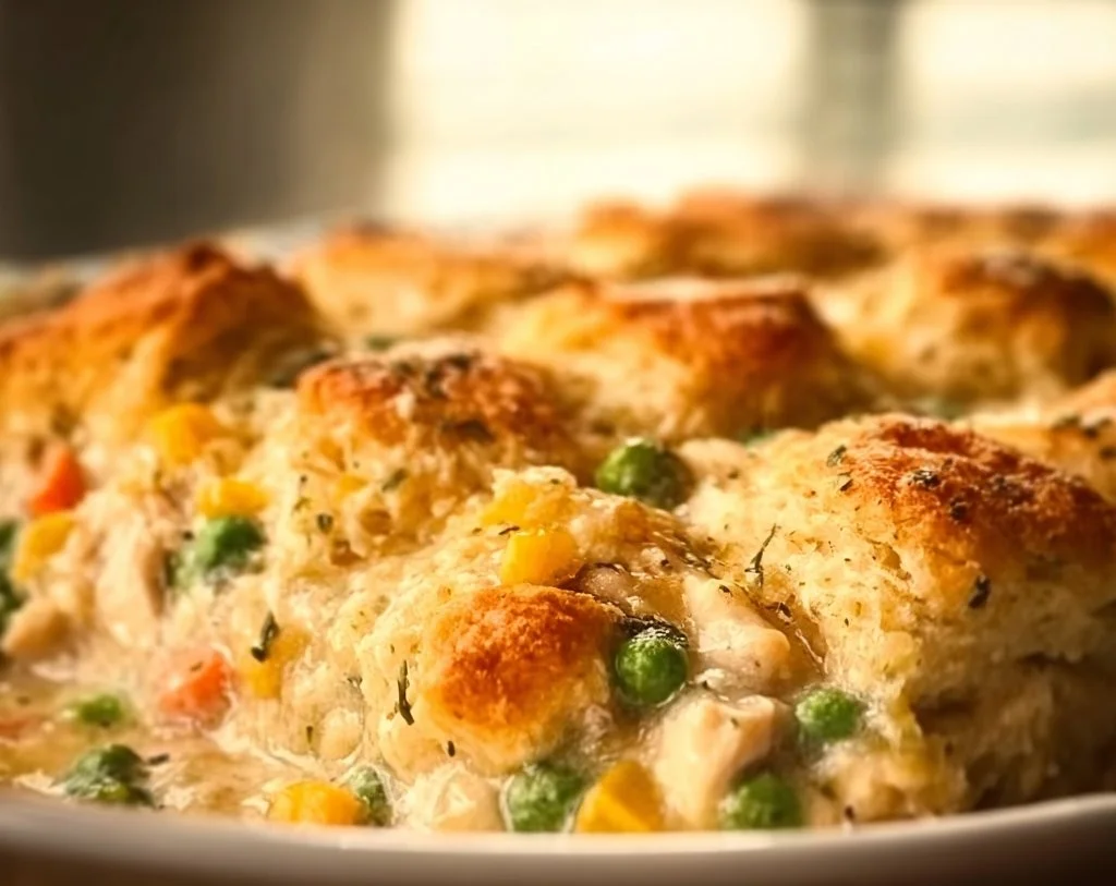 Delicious Chicken Pot Pie Casserole served in a baking dish with flaky crust