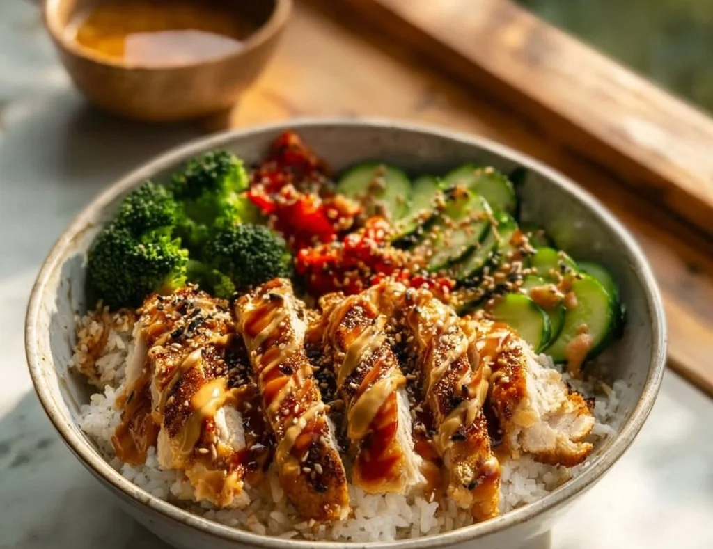 Delicious chicken rice bowl with fresh ingredients and garnishes