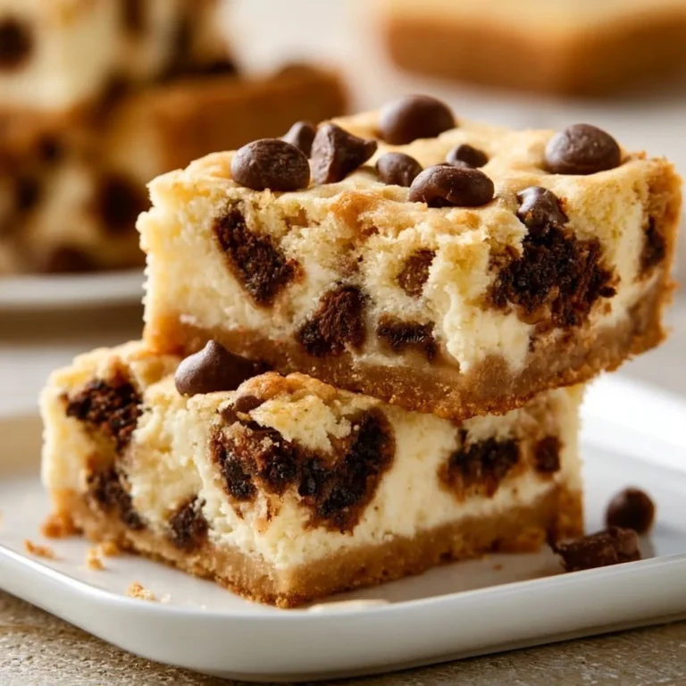 Delicious chocolate chip cheesecake bars cut into squares on a plate