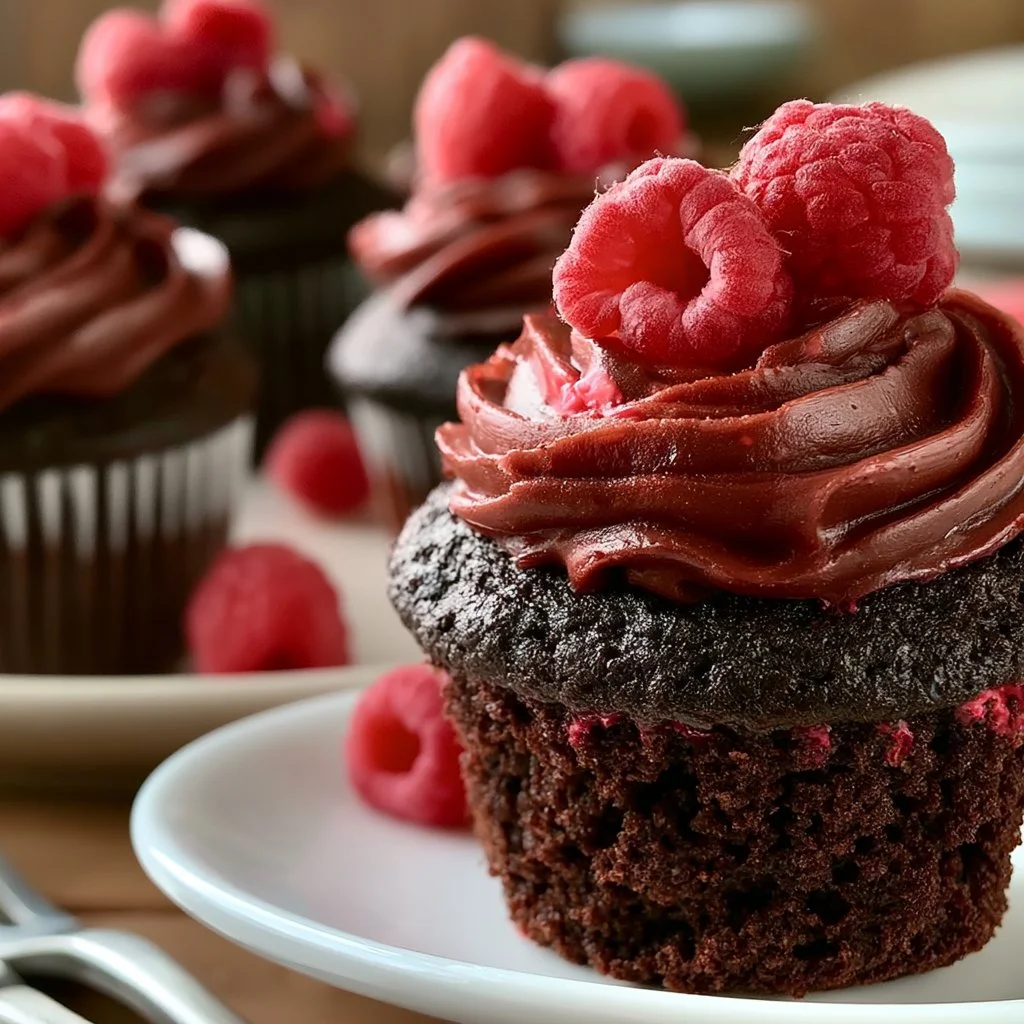 Delicious Chocolate Raspberry Cupcakes topped with fresh raspberries and chocolate ganache.