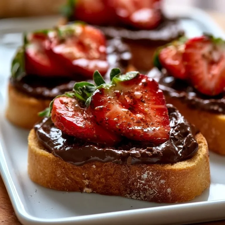 Chocolate Strawberry Bruschetta topped with fresh strawberries and drizzled chocolate