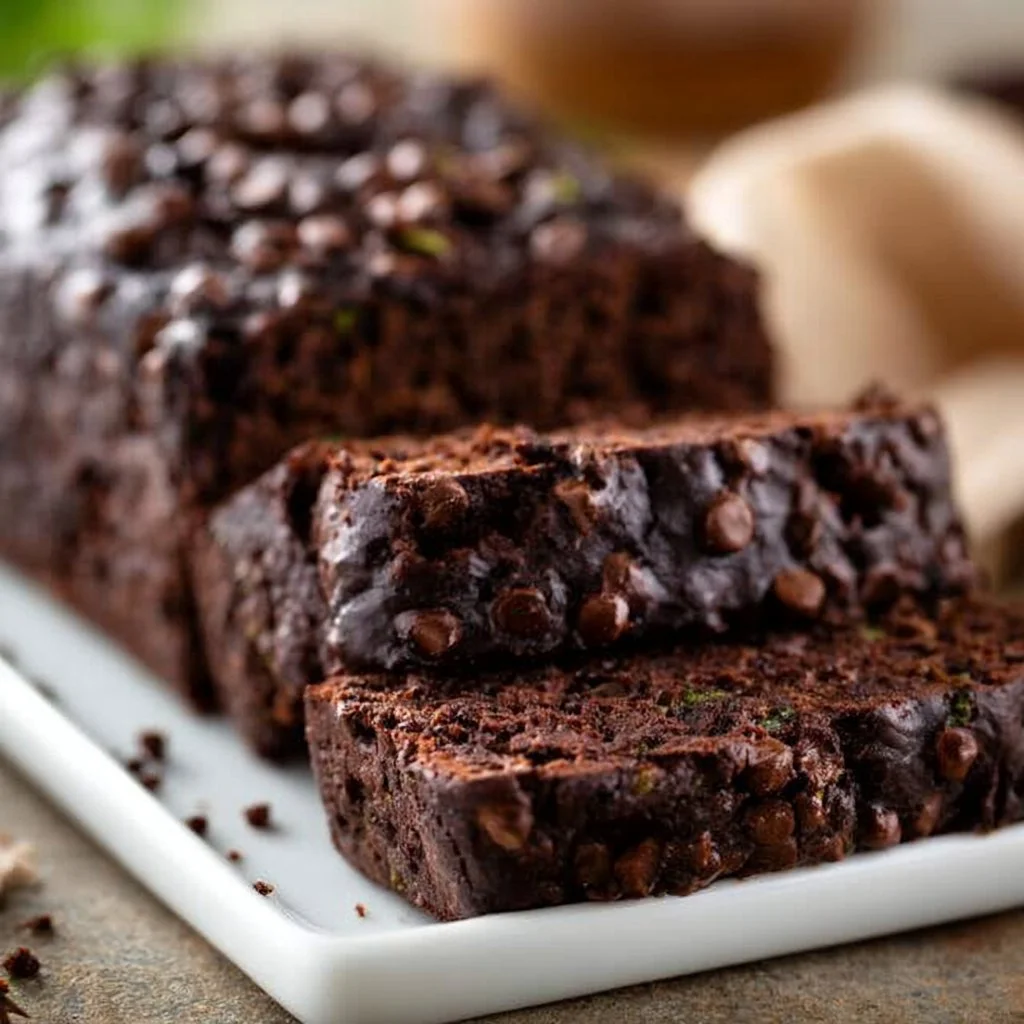 Loaf of chocolate zucchini banana bread garnished with chocolate chips.