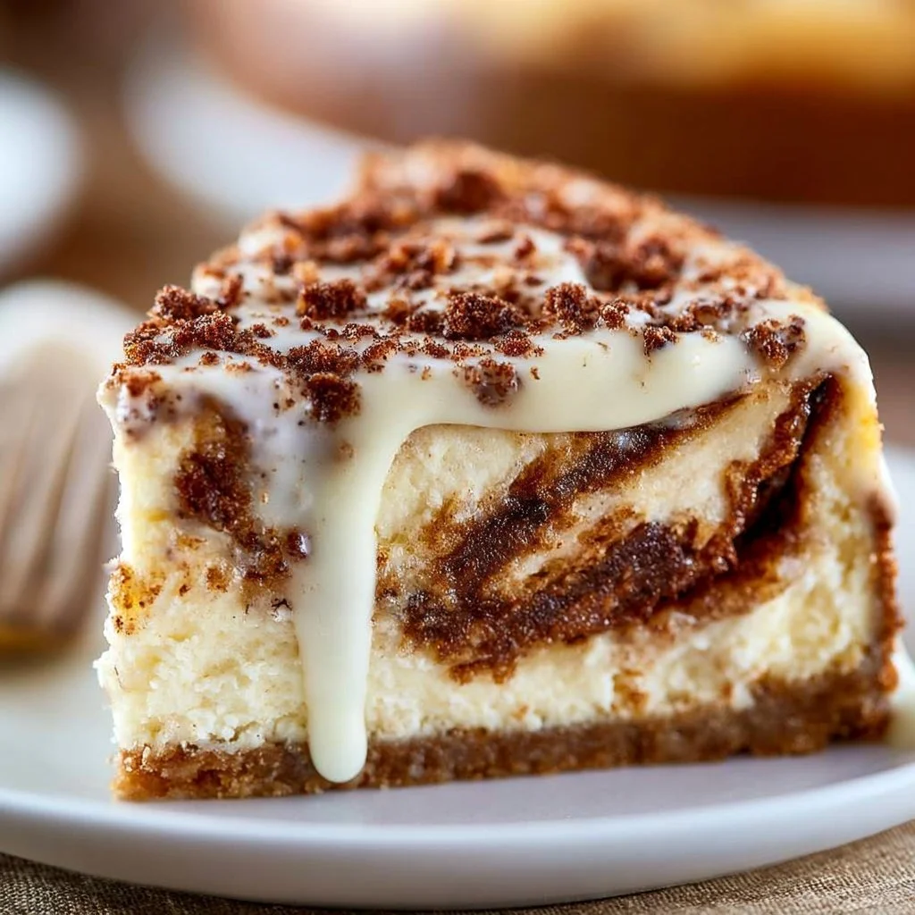 Delicious cinnamon roll cheesecake topped with cinnamon glaze and cream cheese frosting.