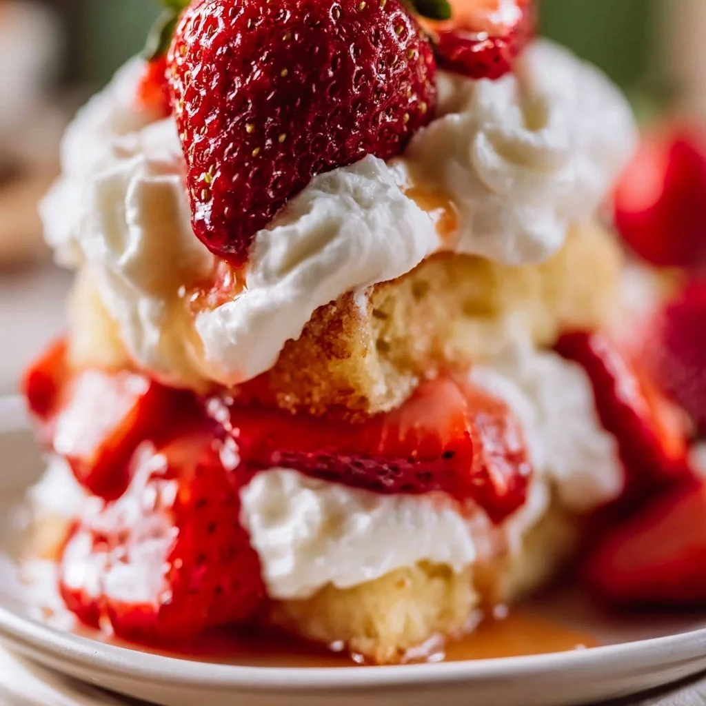 Classic Strawberry Shortcake topped with fresh strawberries and whipped cream
