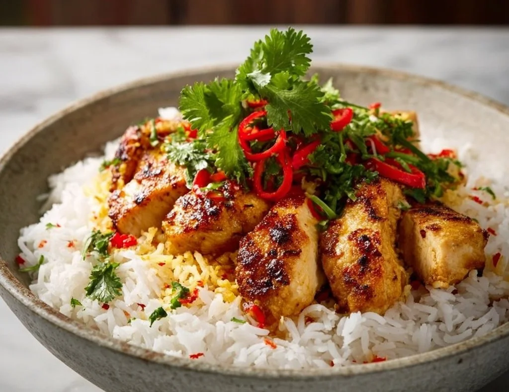 Delicious Coconut Chicken Rice Bowl garnished with fresh herbs and vegetables.