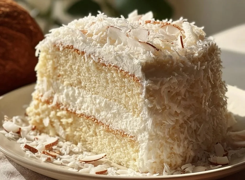 Slice of fluffy Coconut Cloud Cake topped with shredded coconut and frosting
