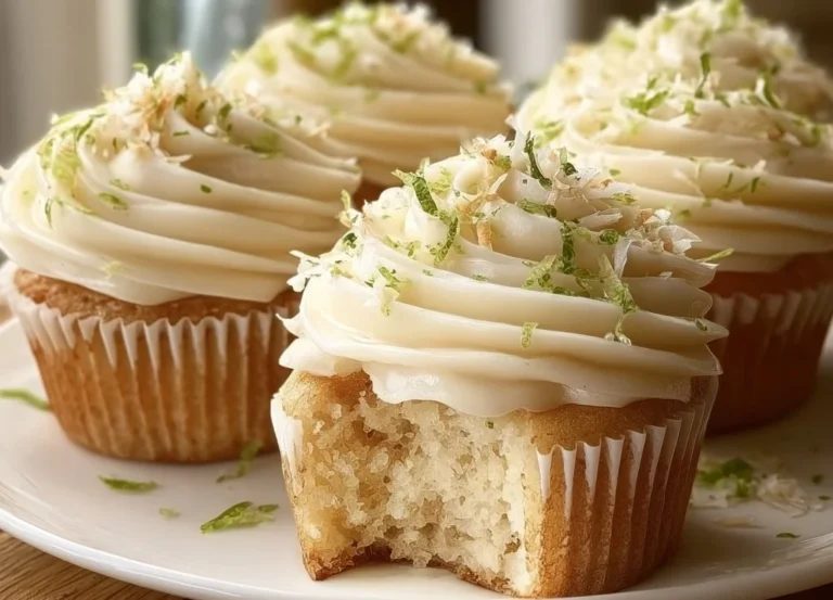 Delicious Coconut Lime Cupcakes topped with creamy frosting and lime zest.