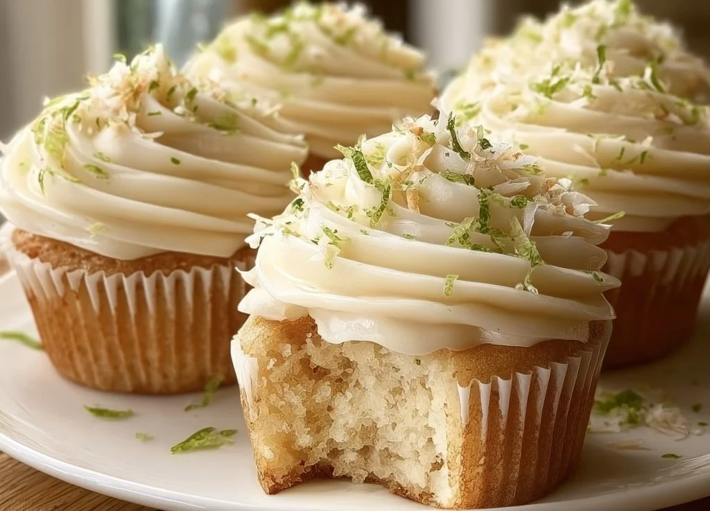 Delicious Coconut Lime Cupcakes topped with creamy frosting and lime zest.