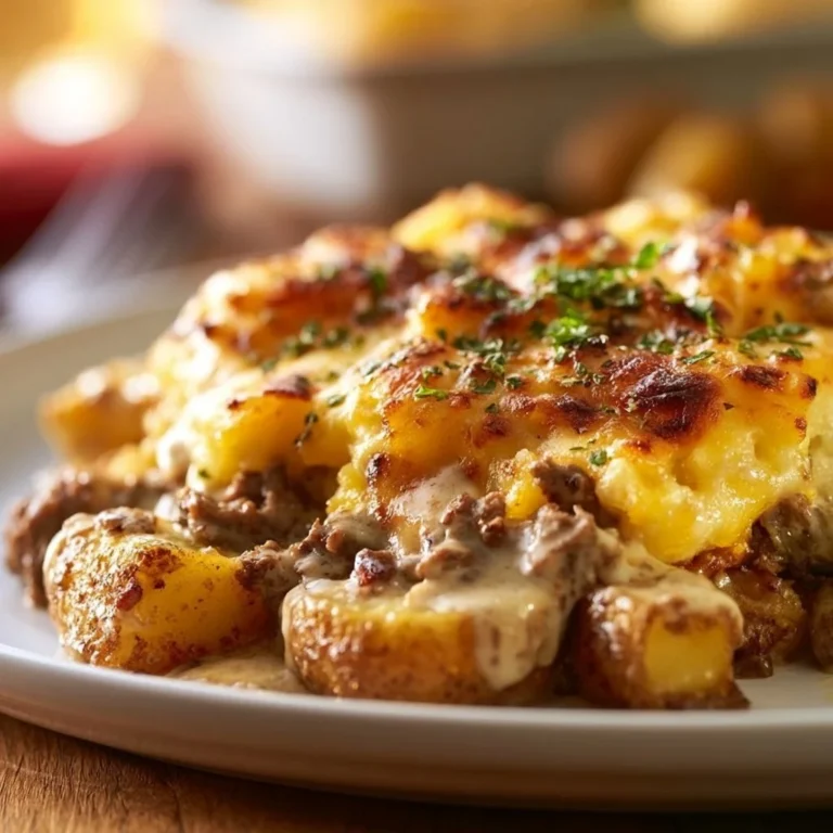 Creamy beef and potato casserole in a baking dish ready to serve