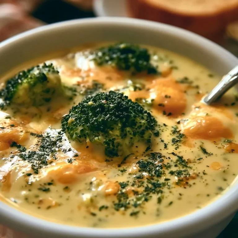 Bowl of creamy broccoli cheddar soup garnished with cheese and croutons