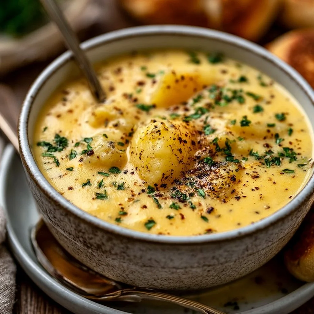 Bowl of creamy cheddar garlic herb potato soup garnished with fresh herbs