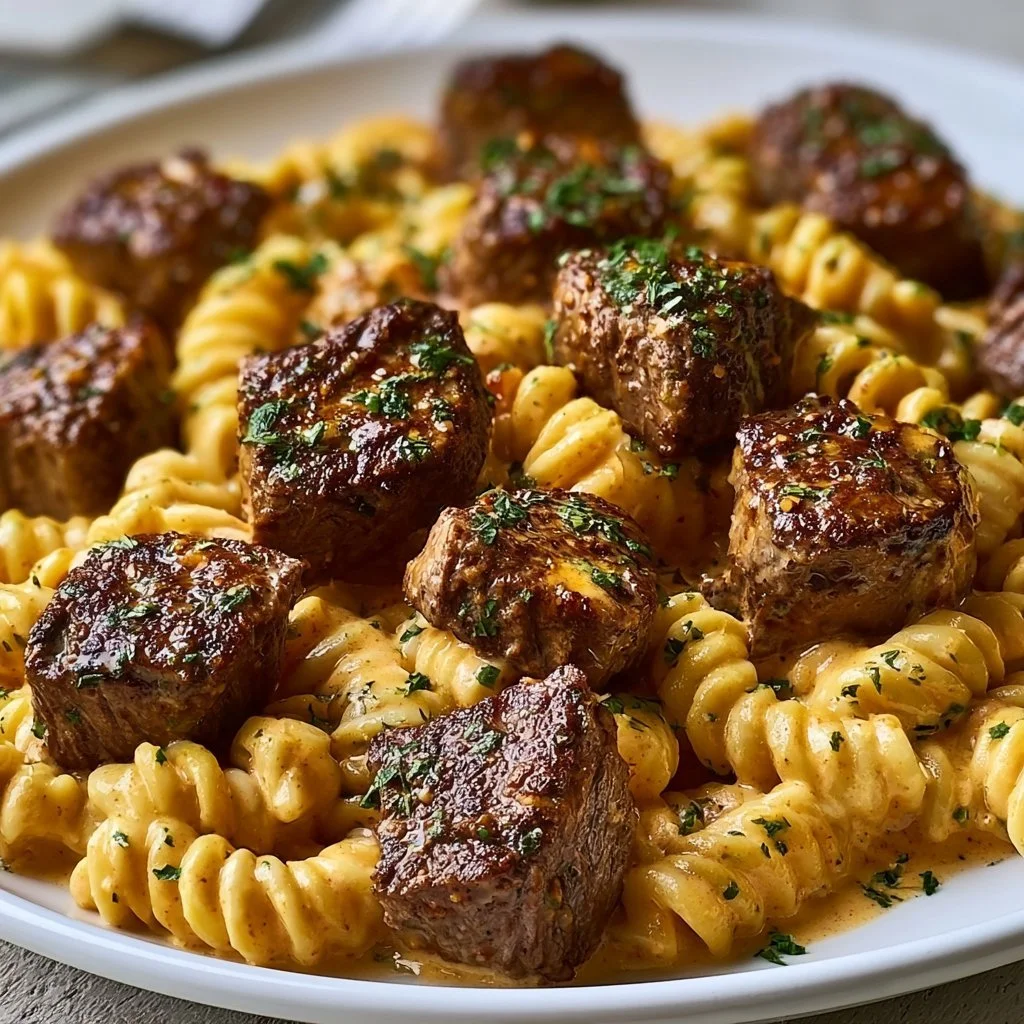 Creamy Garlic Butter Steak Bites with Spicy Cajun Alfredo Twisted Pasta
