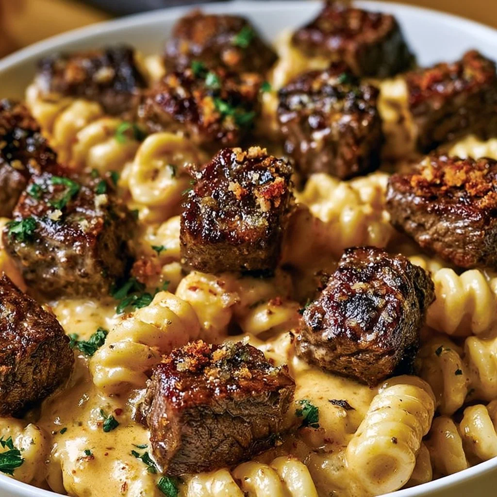 Creamy Garlic Butter Steak Bites with Spicy Cajun Alfredo Twisted Pasta