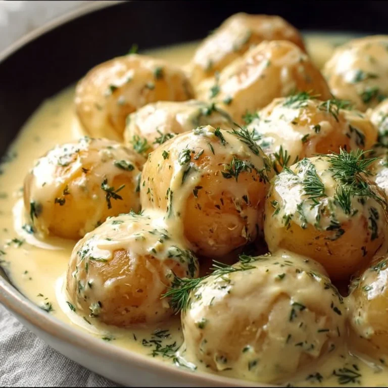Creamy garlic sauce baby potatoes in a bowl garnished with herbs