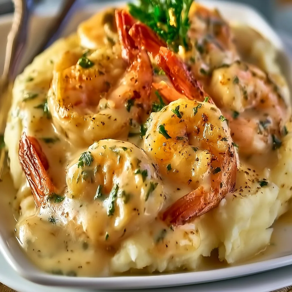 Creamy garlic shrimp served over fluffy mashed potatoes