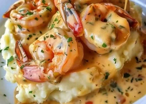 Creamy Garlic Shrimp Over Mashed Potatoes