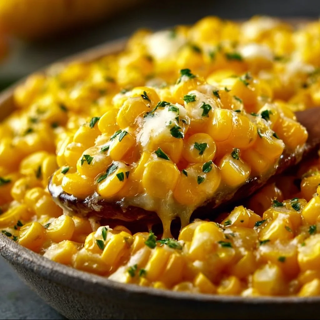 Creamy honey butter skillet corn served in a skillet with fresh herbs