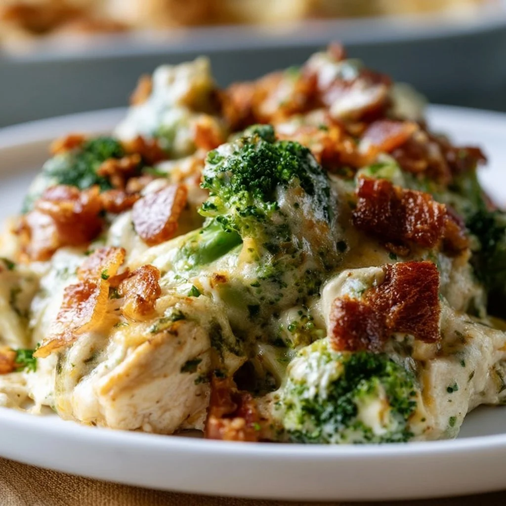 Creamy Low Carb Chicken Casserole with Broccoli and Bacon