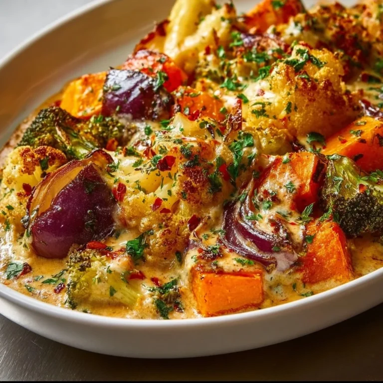 Creamy Marry Me Roasted Vegetable Bake topped with herbs and spices.