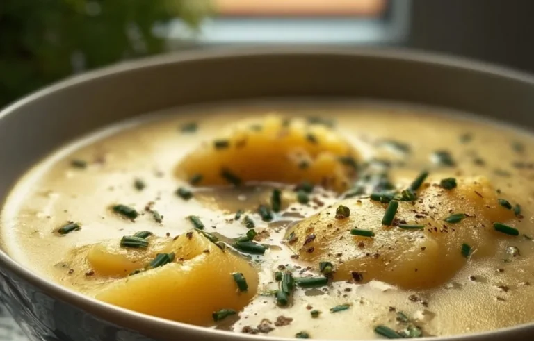 Bowl of creamy potato soup garnished with herbs and served warm.