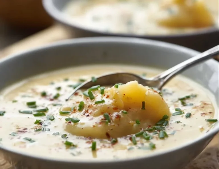 Bowl of creamy potato soup garnished with herbs and served with bread