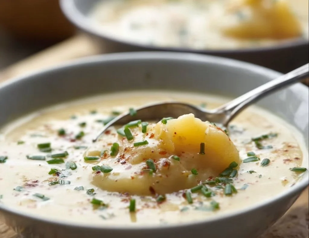 Bowl of creamy potato soup garnished with herbs and served with bread