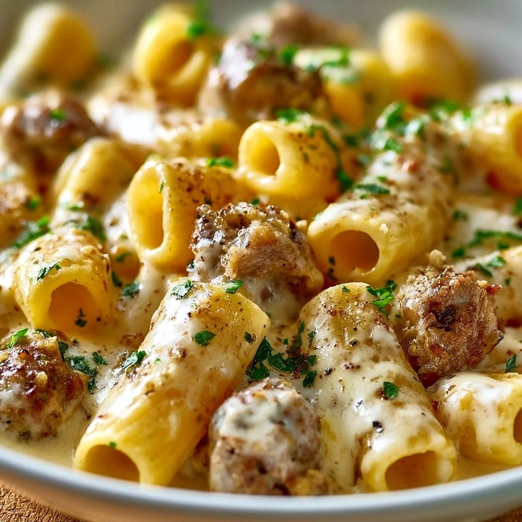 Creamy rigatoni pasta with Italian sausage in a rich sauce