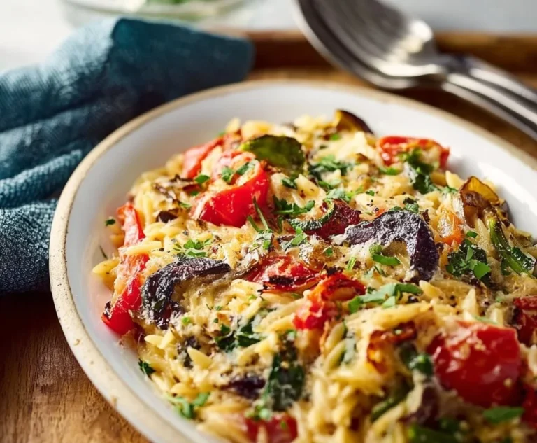 Creamy roasted veggie orzo bake served in a dish with fresh herbs