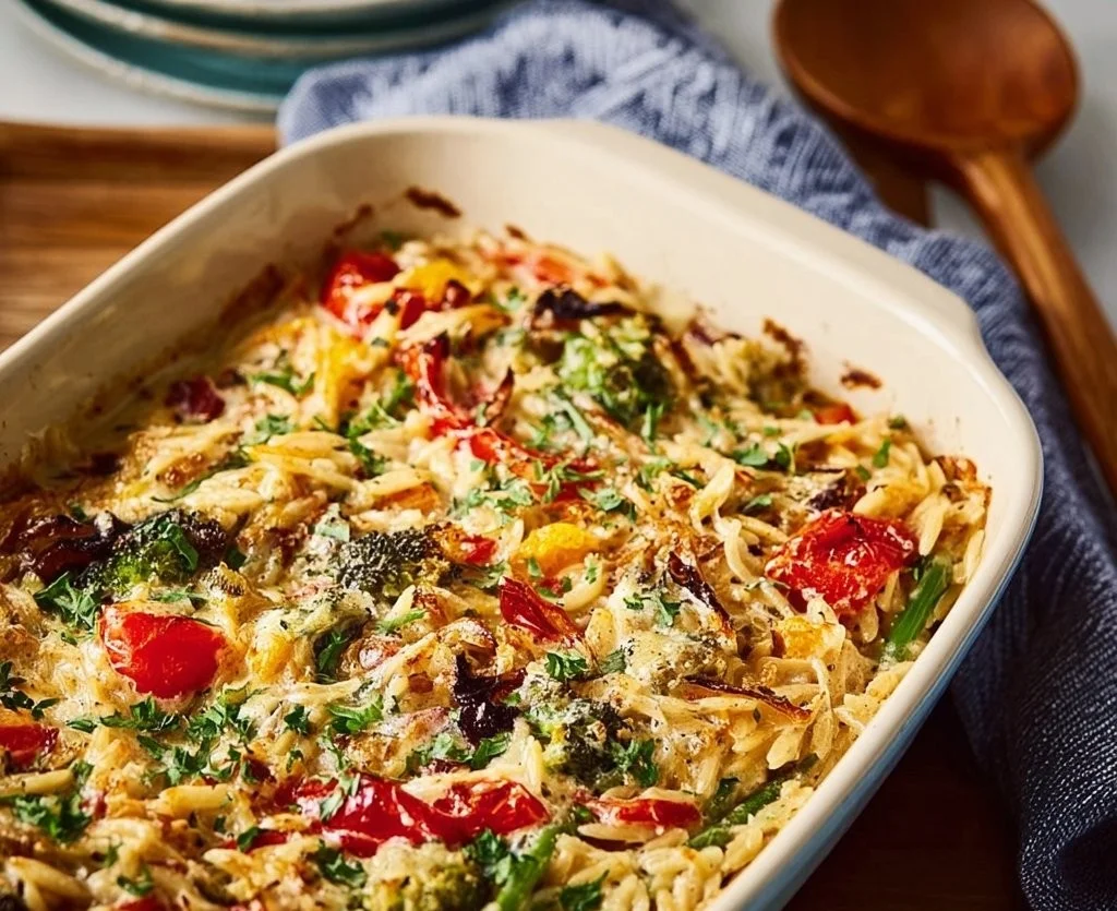 Creamy Roasted Veggie Orzo Bake