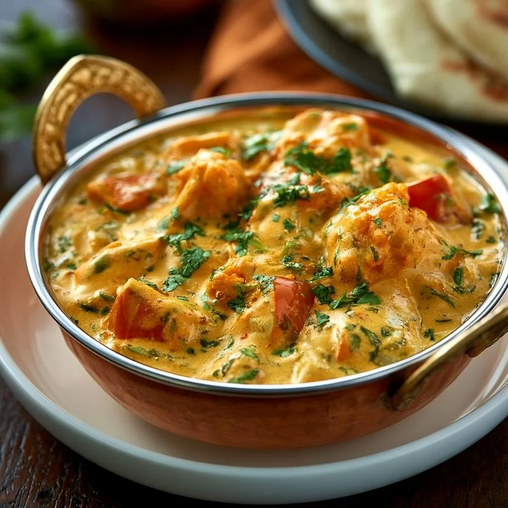 Bowl of creamy vegetable korma with colorful vegetables and aromatic spices