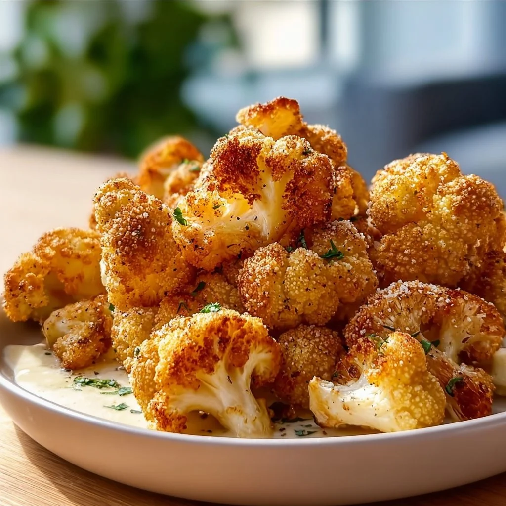 Crispy baked cauliflower bites served on a plate with dipping sauce.
