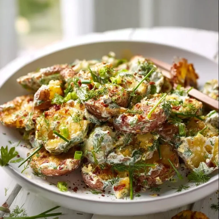 Crispy smashed potato salad served in a rustic bowl with herbs and spices.