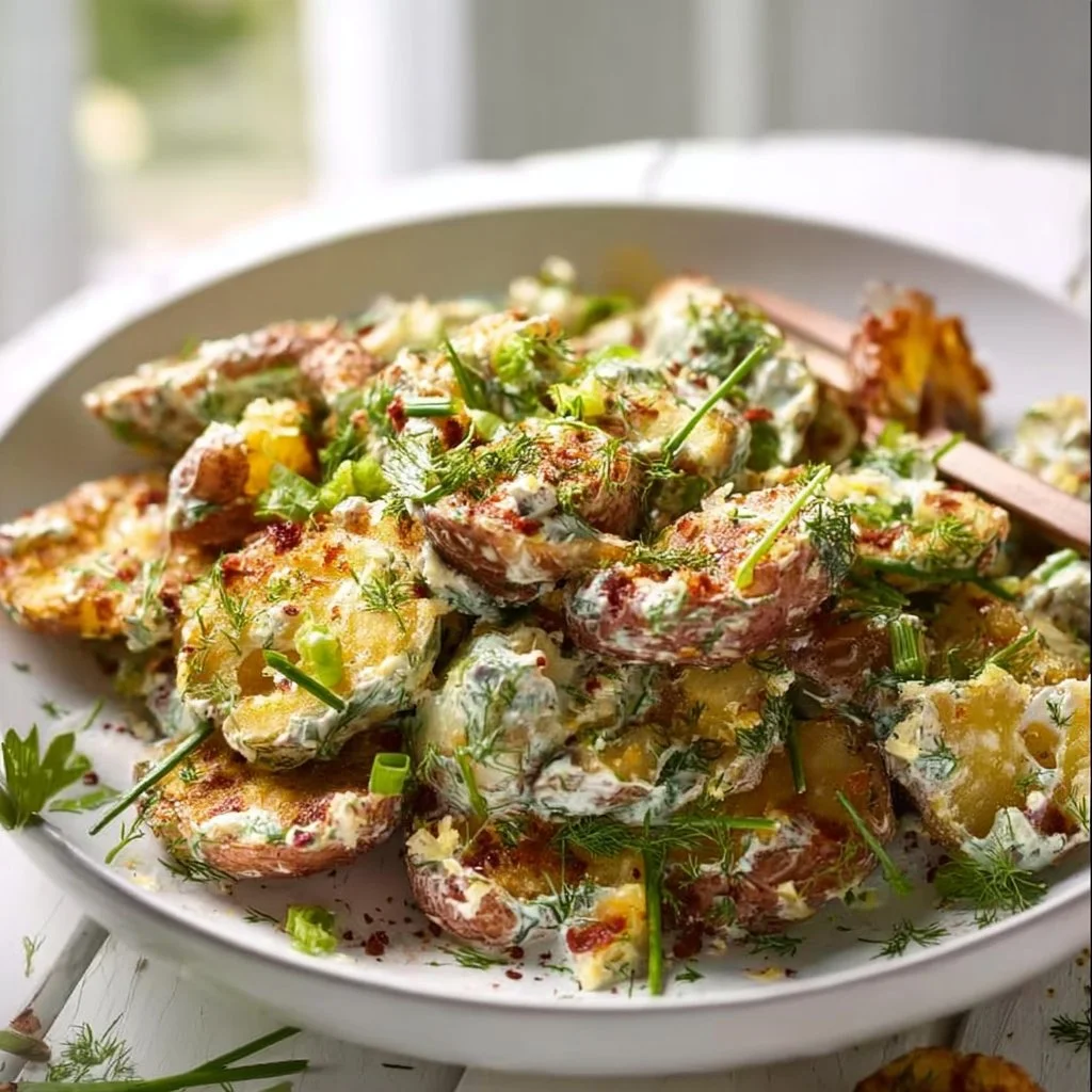Crispy smashed potato salad served in a rustic bowl with herbs and spices.