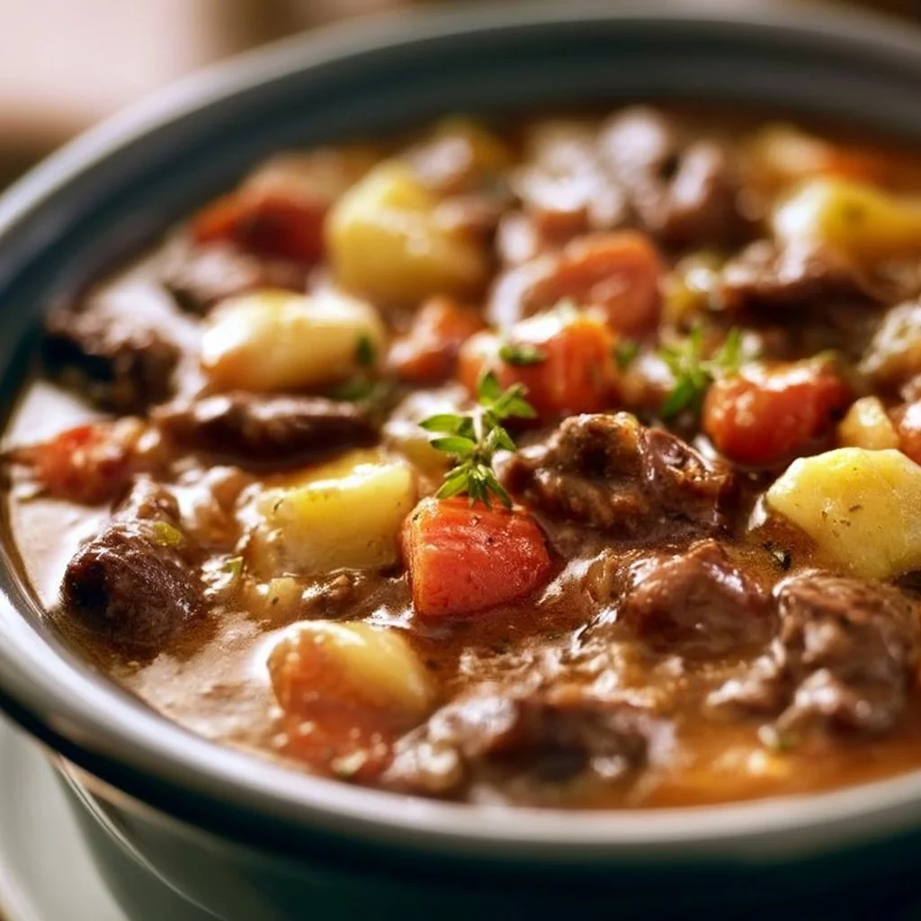 Delicious bowl of Crock Pot beef stew with vegetables and herbs