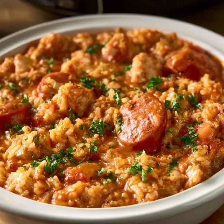 Delicious Crock Pot Jambalaya with shrimp, sausage, and vegetables in a bowl.