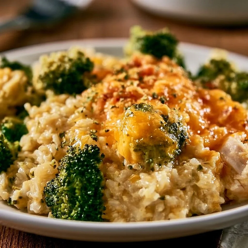 Crockpot Broccoli Cheddar Chicken and Rice in a bowl garnished with herbs