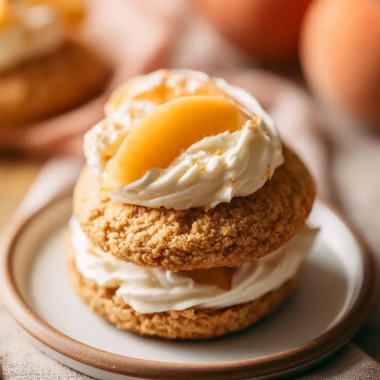 Crumbl Peaches and Cream Cookies with peach slices and cream frosting.