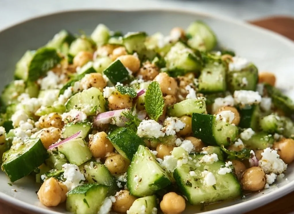 Cucumber Chickpea Feta Salad with fresh vegetables and chickpeas