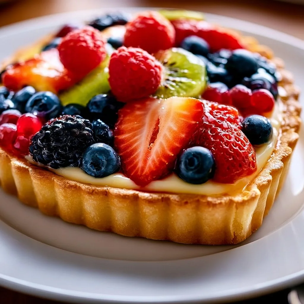 Decadent fruit tart topped with fresh berries and vibrant fruits