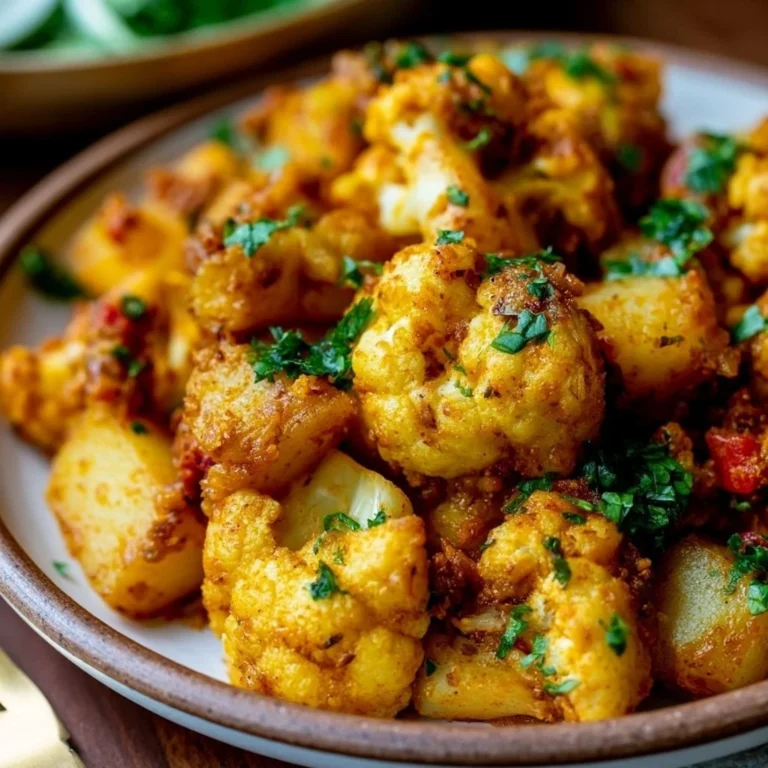 Delicious Aloo Gobi dish with potatoes and cauliflower seasoned with Indian spices.