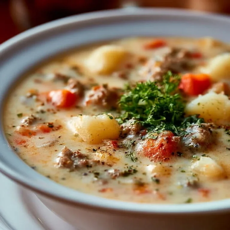 Bowl of creamy potato beef soup with ground beef and fresh vegetables