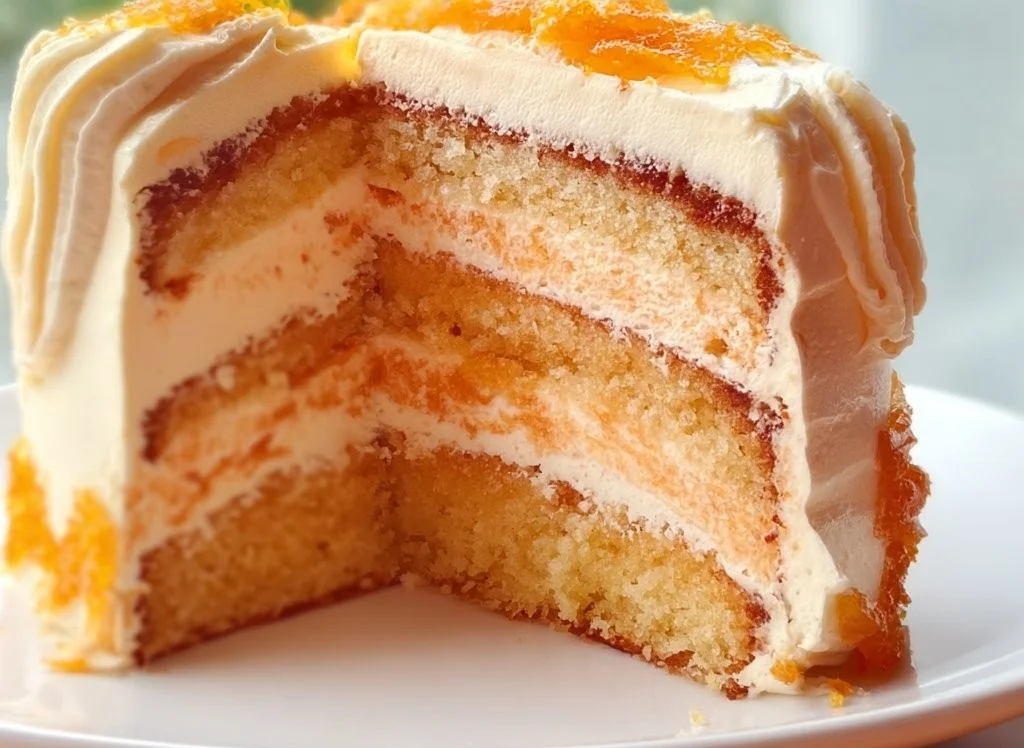 Delicious orange creamsicle cake served on a plate, evoking nostalgia.