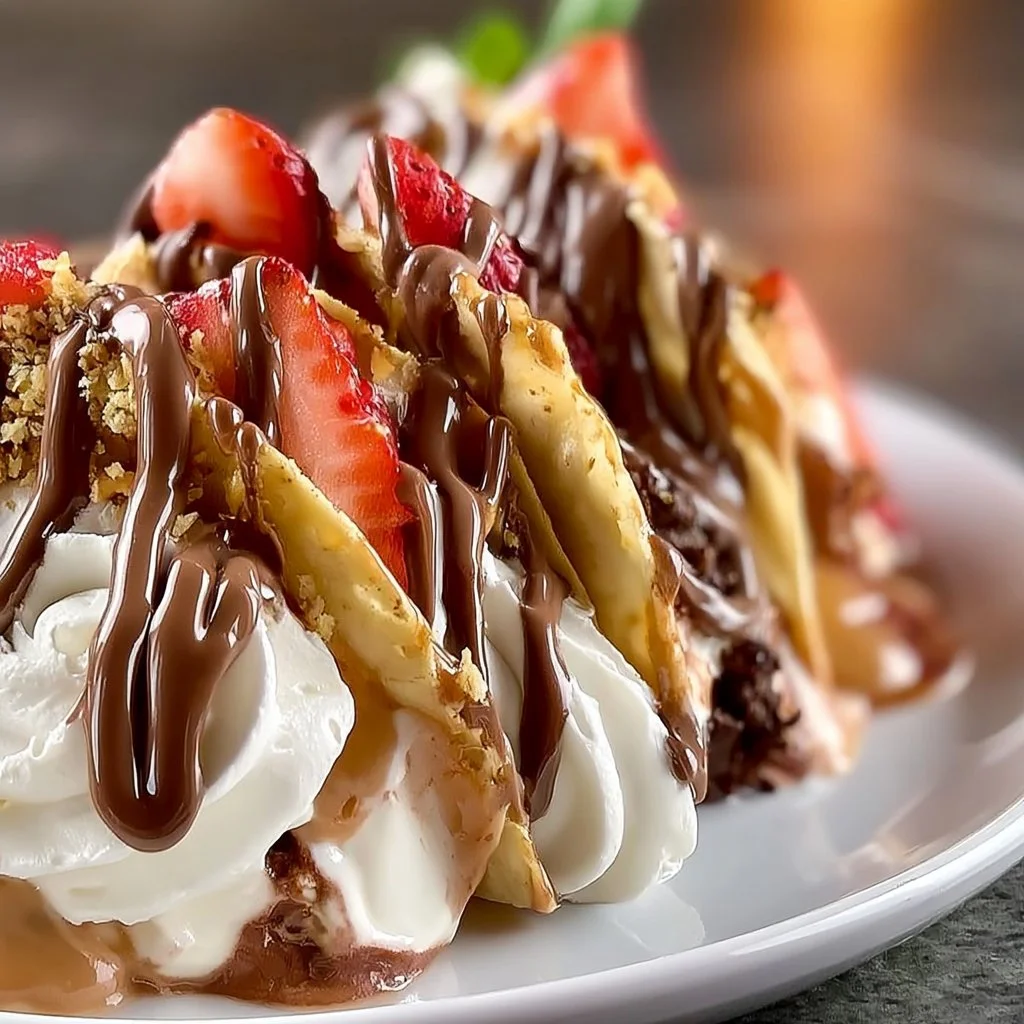 Tasty dessert tacos filled with chocolate, fruit, and whipped cream.