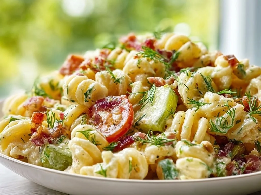 Delicious Dill Pickle Bacon Pasta Salad in a vibrant bowl, perfect for summer meals.