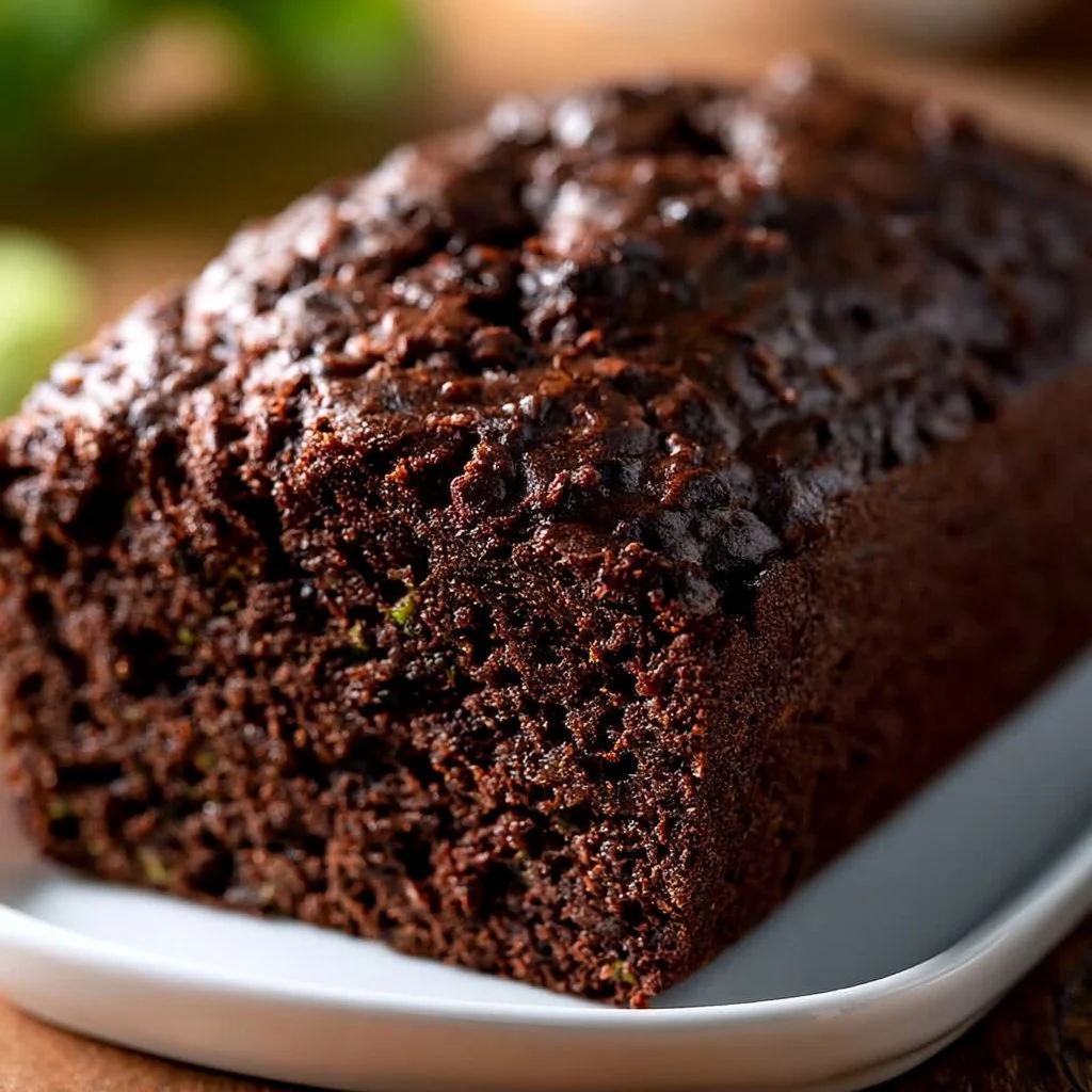 Slice of double dark chocolate zucchini bread on a wooden table