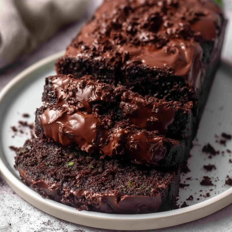 Double dark chocolate zucchini loaf freshly baked and sliced on wooden board.