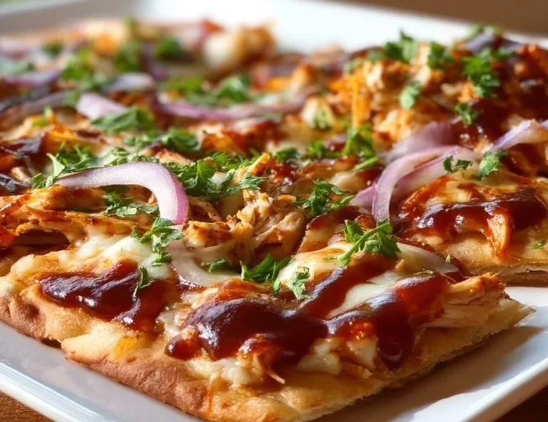 Easy BBQ chicken flatbread garnished with fresh ingredients and served on a wooden board.