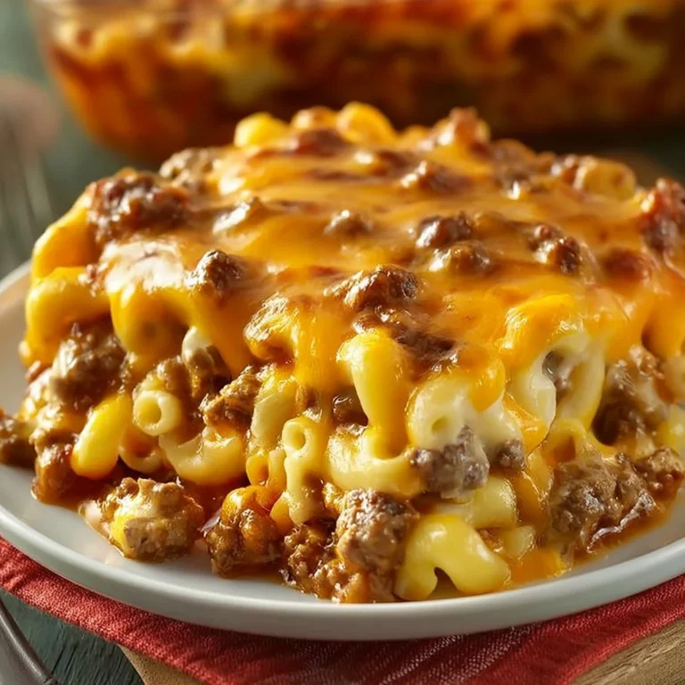 Delicious easy cheeseburger macaroni casserole in a baking dish