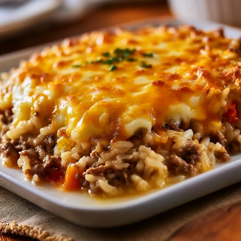 Delicious Easy Cheesy Ground Beef and Rice Casserole fresh out of the oven.